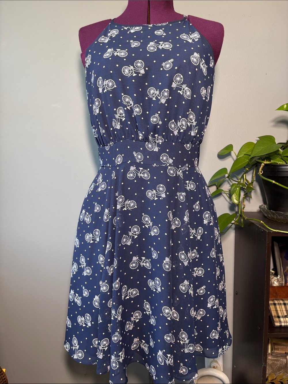 Maison Jules Navy Halter Midi Dress with White Bicycle Print
